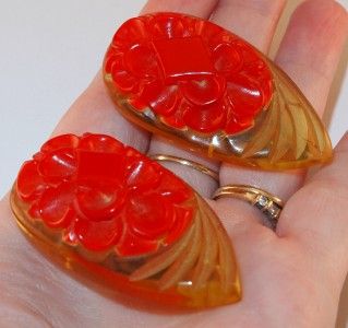   Carved Bakelite Cherry Red and Apple Juice Dress Clips SKU 709