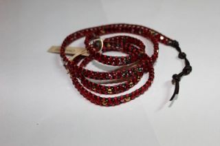 CHAN LUU Red Swarovski Crystal Wrap Bracelet on Black Leather