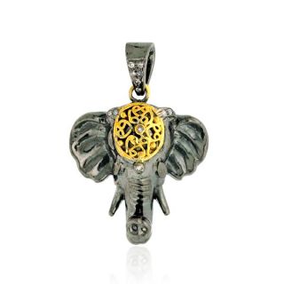   Yellow Gold Pave Diamond Elephant Charm Pendant Jewelry Silver