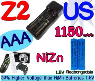 AAA Blue 1150mWh NiZn 1.6V Volt Rechargeable Battery US Charger Z2