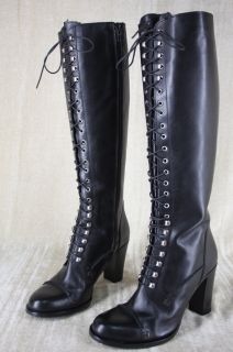 Charles David Black Leather Regiment Lace Up Tall Knee Boots Sz 8 $495 