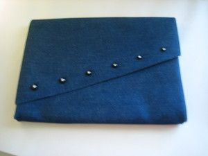 Charles Jourdan Rhinestone Button Blue Denim Clutch Purse Handbag 