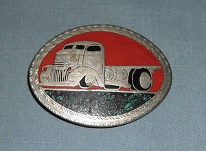    Brass Turquoise Chip Inlay Belt Buckle Old Flatbed Truck To Repair