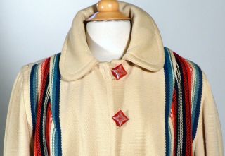 1930s 40s Vintage Wool Chimayo Coat Hand Woven Cream Bold Turquoise 