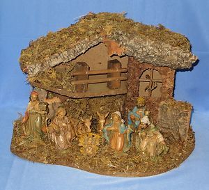 Christmas nativity manger in wood bark moss vintage religious decor 