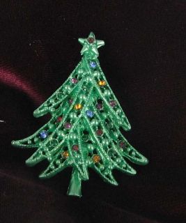 Christmas Tree Pin Green Enamel Rhinestone Xmas Brooch Blue Purple 