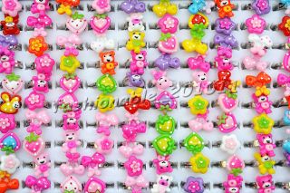   Lots 50pcs Assorted Resin Lucite Silver Plated Children Rings