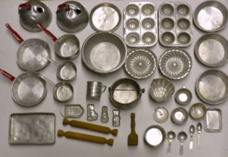 Vintage 1950s Aluminum Childrens Kids Kitchen Play Set Dishes Pans 