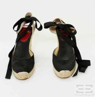Christian Louboutin Black Canvas Ankle Wrap Espadrille Wedge Heels 