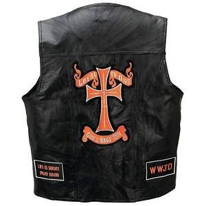 Mens Black Leather Motorcycle Vest Christian Patches