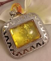 Pressed Baltic Amber Sunshine Yellow Gold Large Square Pendant Chain 