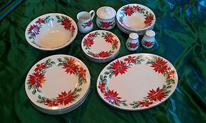 Christmas 18pc Set Poinsettia Stoneware Dinnerware Dishes Plates Bowls 
