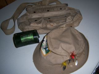 Vintage Fishing Items Fishing Hat with Lures Bob Bet Bait Box Bag