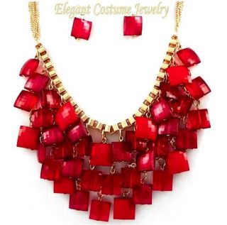  Sassy Red Gold Square Charm Chunky Necklace Set Costume Jewelry