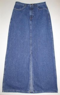 EDDIE BAUER Long Modest Blue Jean Denim Winter Skirt Front Slit Womens