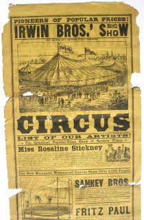 1893 Irwin Bros Circus Broadside ptd Bufflo NY Lockport NY Graphic