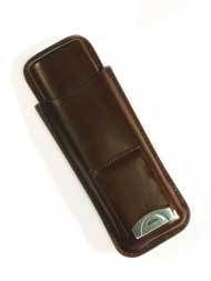 Brown Leather Cigar Case Holder 2 Cigars w Cutter