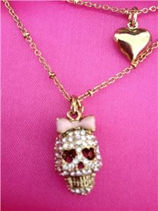 Auth Betsey Johnson Crystal Skull with Pink Bow Double Chain Necklace