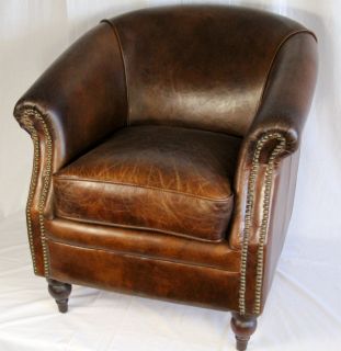  Wide club arm small chair vintage brown cigar Italian leather comfort