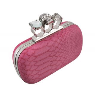 Pink Snakeskin Knuckle Duster Clutch Purse with Rhinestone Skull