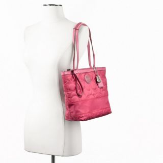 Coach Signature Striped Nylon Tote Bag Purse Pink Red F17668 Logo New