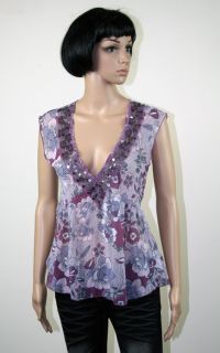 CLEARANCE SIZE 8 JUST JEANS PURPLE FLORAL PRINT BEADED SLEEVELESS TOP