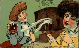 Schooner Girls Drunk Beer Steins Alcohol Comic c1910 Postcard