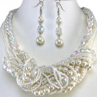 Chunky Multi Strand Cream Pearl AB Crystal Earrings Necklace Set