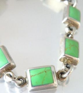 Chunky Mexico Sterling Silver 925 Gaspeite Panel Link Chain Bracelet