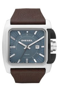 DIESEL® Large Rectangular Leather Strap Watch