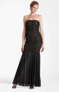 JS Collections Shirred Lace & Mesh Trumpet Gown