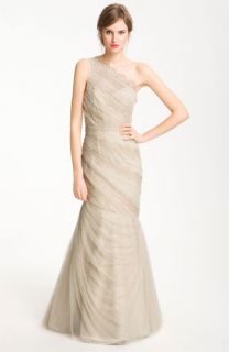 ML Monique Lhuillier One Shoulder Tulle & Lace Overlay Gown