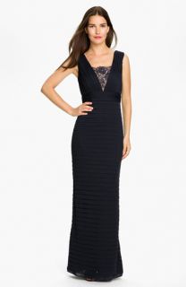 Adrianna Papell Pleated Lace Inset Mesh Gown (Petite)