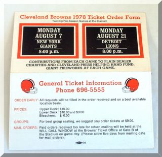 1978 Cleveland Browns Ticket Order Form New York Giants Detroit Lions