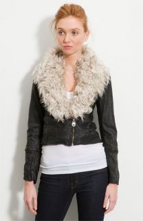 Doma Cropped Leather Jacket with Goat Fur Trim