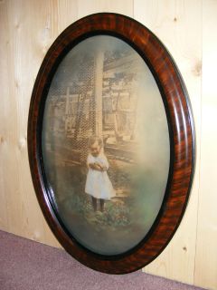  Antique Oval Bubble Glass Wood Frame Hand Colored Child Picture