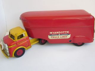 vtg WYANDOTTE Construction Truck Lines Toy Pressed Steel Semi Tractor