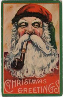 Christmas Santa Clause Red Cap Green Tassel Smoking Pipe Old s Bergman