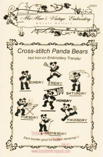 Panda Bears for Cross stitch Hot Iron on Embroidery Transfers