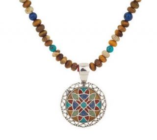 Southwestern Sterling Mosaic Inlay Pendant on Bead Necklace — 