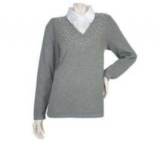 Quacker Factory Simulated Pearl Embellished Long Sleeve Duet Sweater 