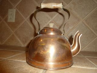 Vintage Copper Tea Kettle with Lid and Wood Handle