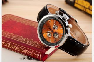 Classic Men Rome Numerals Coffee Dial Mechanical Leather Wrist Sports