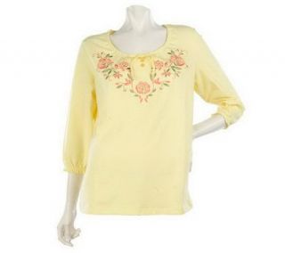Denim & Co. 3/4 Sleeve Peasant Top with Floral Embroidery —