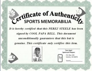  perez steele signed by cool papa bell comes with certificate of
