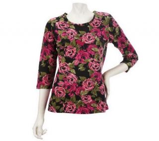 Denim & Co. 3/4 Sleeve Round Neck Rose Print T shirt —