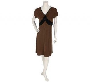 Citiknits Short Sleeve V neck Dress w/ Contrast Empire Waistband