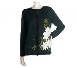 Quacker Factory Poinsettia Long Sleeve Zip Front Cardigan —
