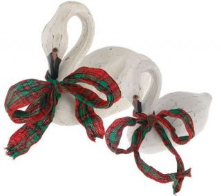 Set of 2 Handcarved Wooden Swans with Ribbon by Valerie —