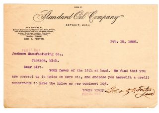 Standard Oil Company 1896 Letter Detroit Michigan to Jackson